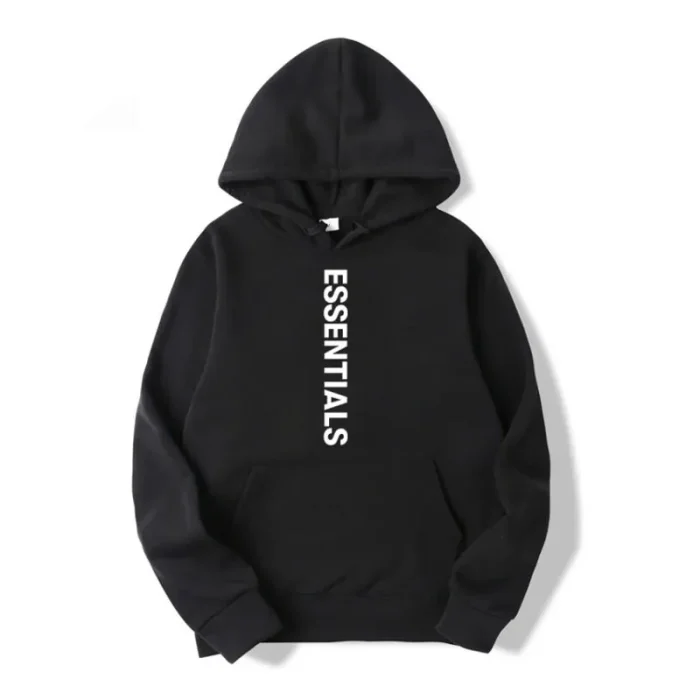Essentials Hoodie Black Logo Vertical
