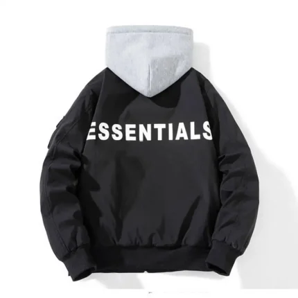Essentials Black Bomber Hoodie Jackets