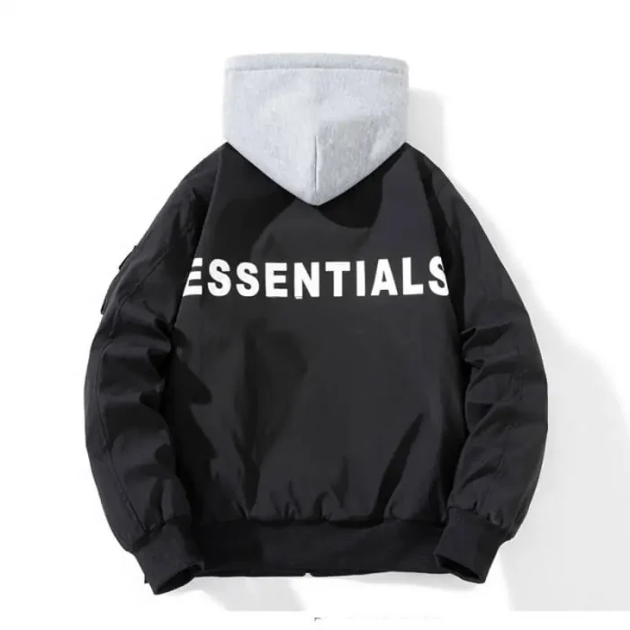Essentials Black Bomber Hoodie Jackets